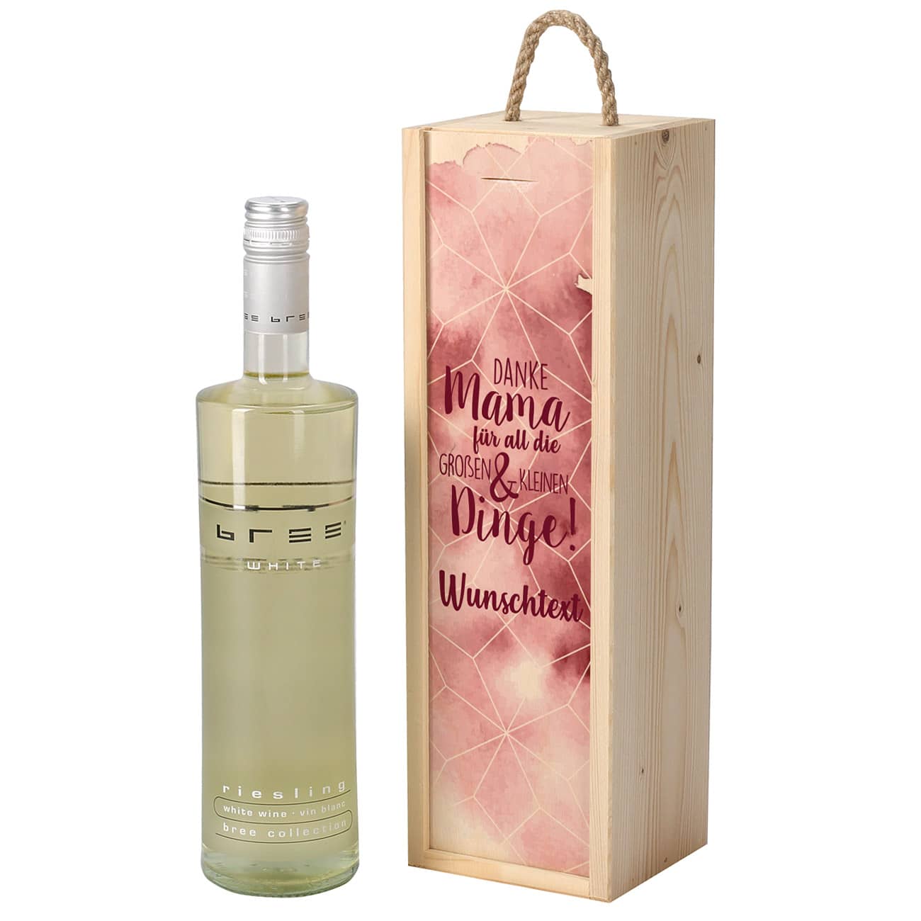 Muttertagsgeschenk - Weinflasche in bedruckter Holzbox mit Ihrem Wunschtext