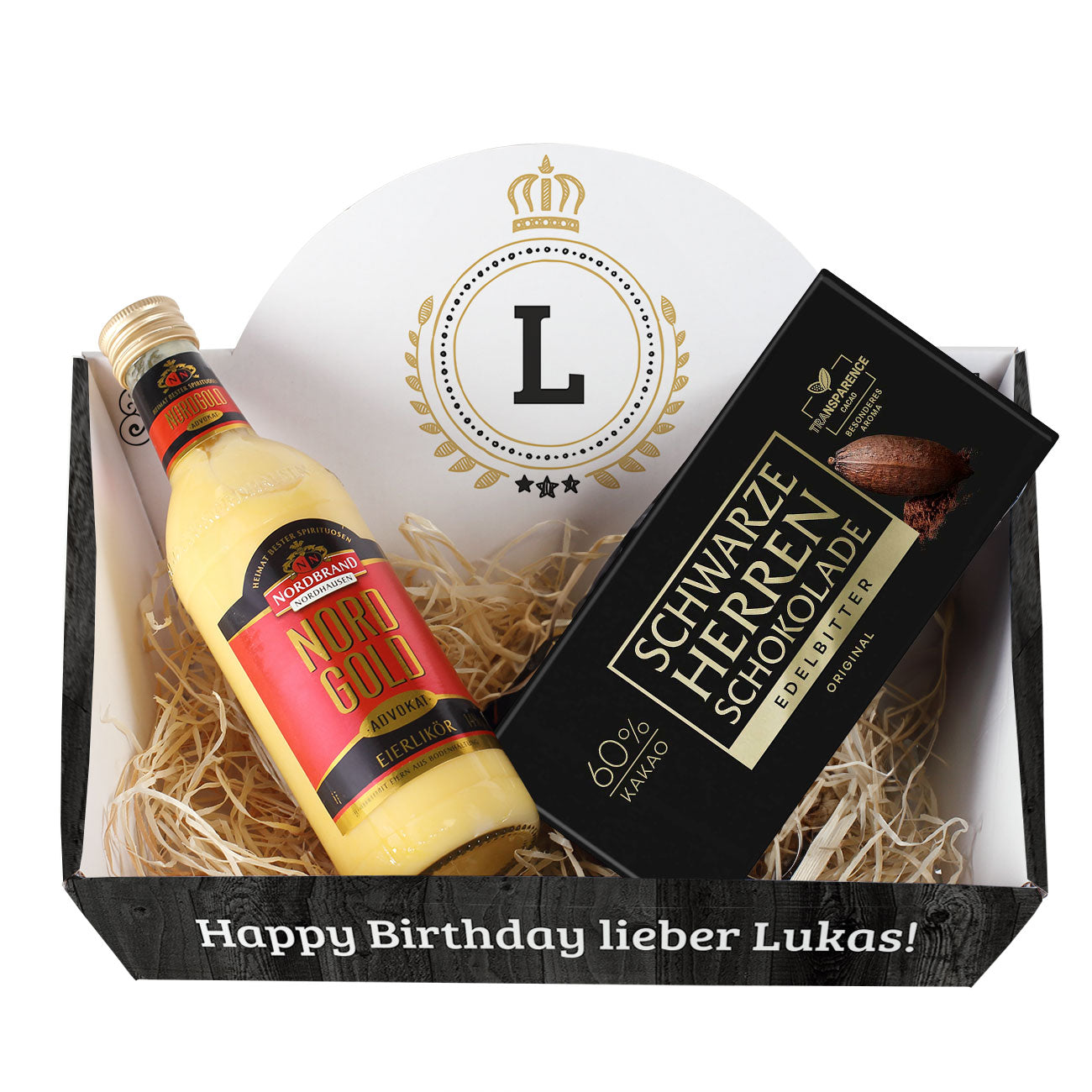 Geschenkkorb für Männer mit persönlichem Druck und verschiedenen Füllungen