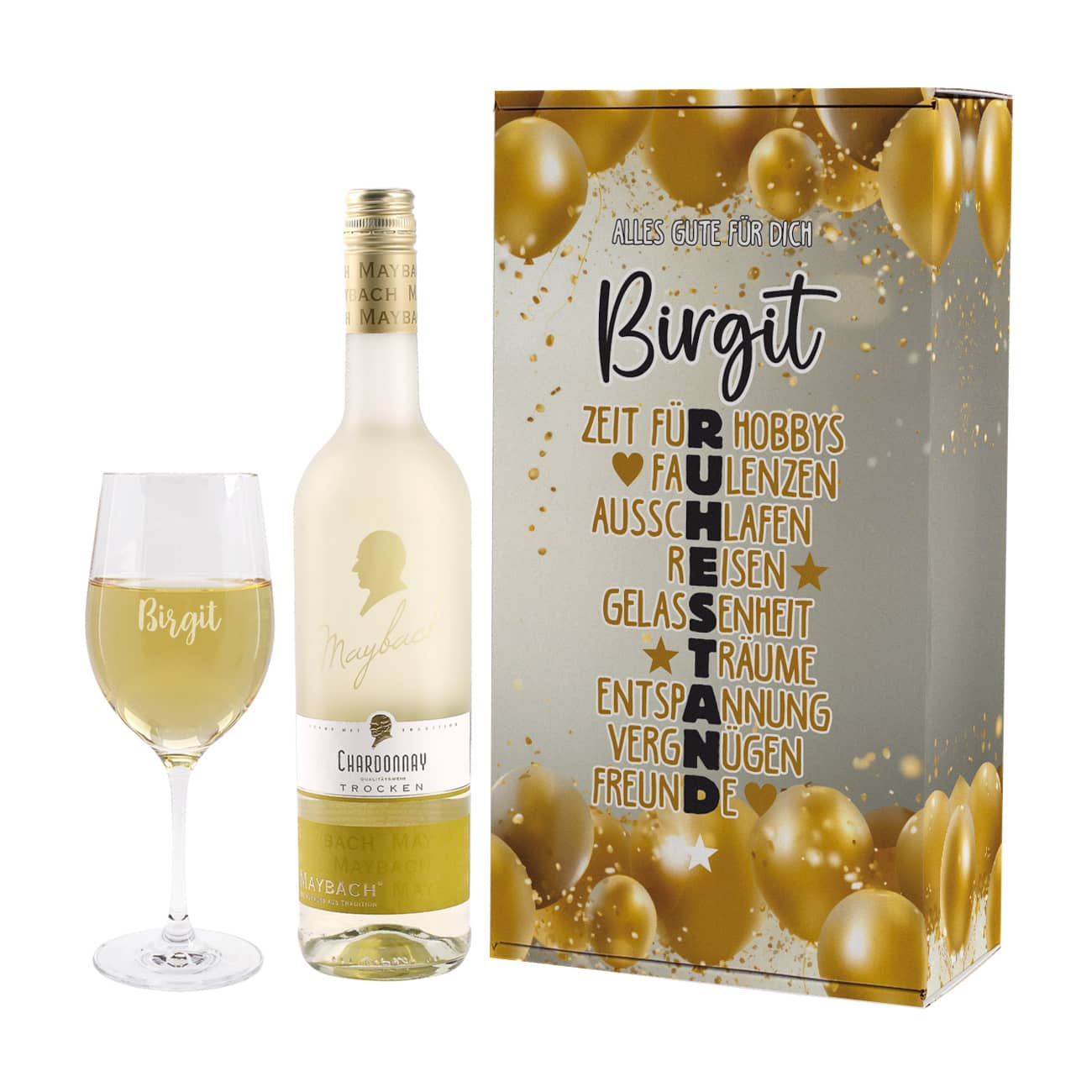 Weinset zur Rente mit Maybachwein und graviertem Glas