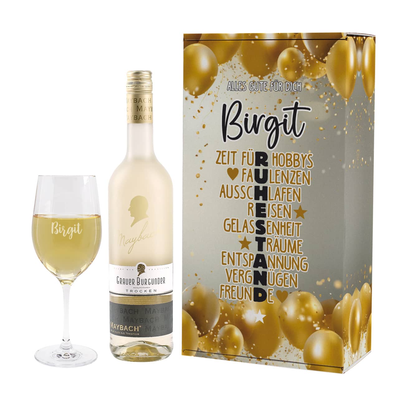 Weinset zum Ruhestand mit Maybachwein und graviertem Glas