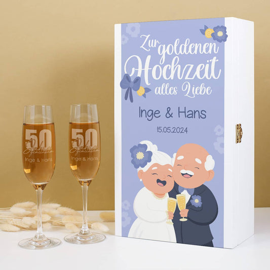 Niedliches Geschenkset zur goldenen Hochzeit mit personalisierter Holzkiste & gravierten Sektgläsern