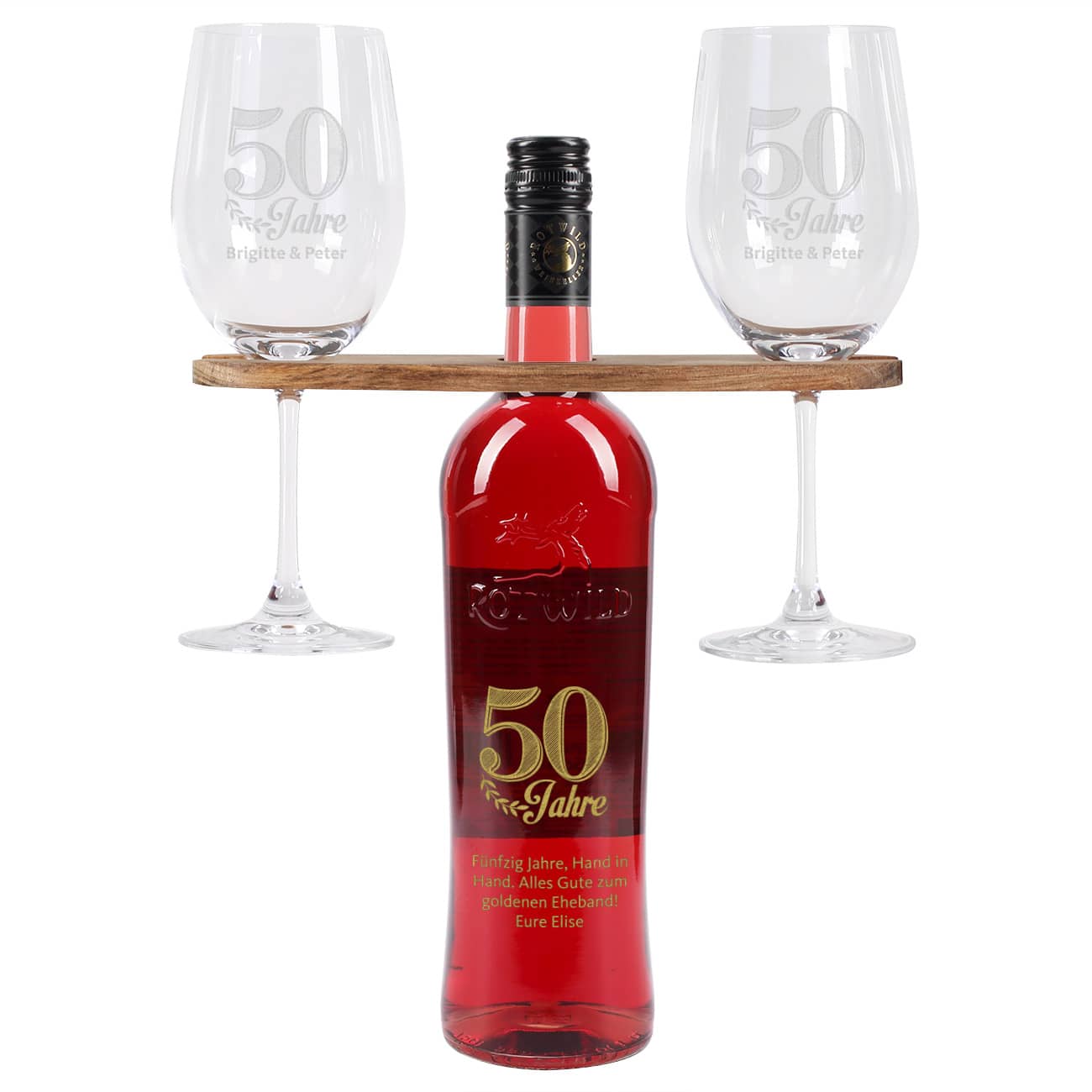 Wein-Geschenkset zur goldenen Hochzeit mit Wunschtext und Namen des Paares