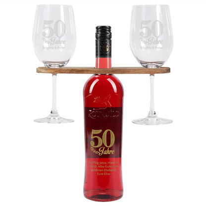 Wein-Geschenkset zur goldenen Hochzeit mit Wunschtext und Namen des Paares
