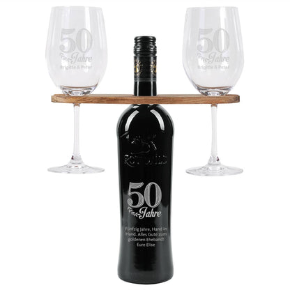 Wein-Geschenkset zur goldenen Hochzeit mit Wunschtext und Namen des Paares