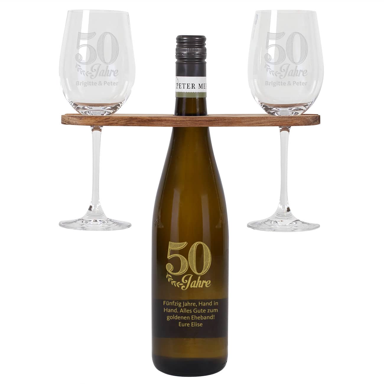 Wein-Geschenkset zur goldenen Hochzeit mit Wunschtext und Namen des Paares