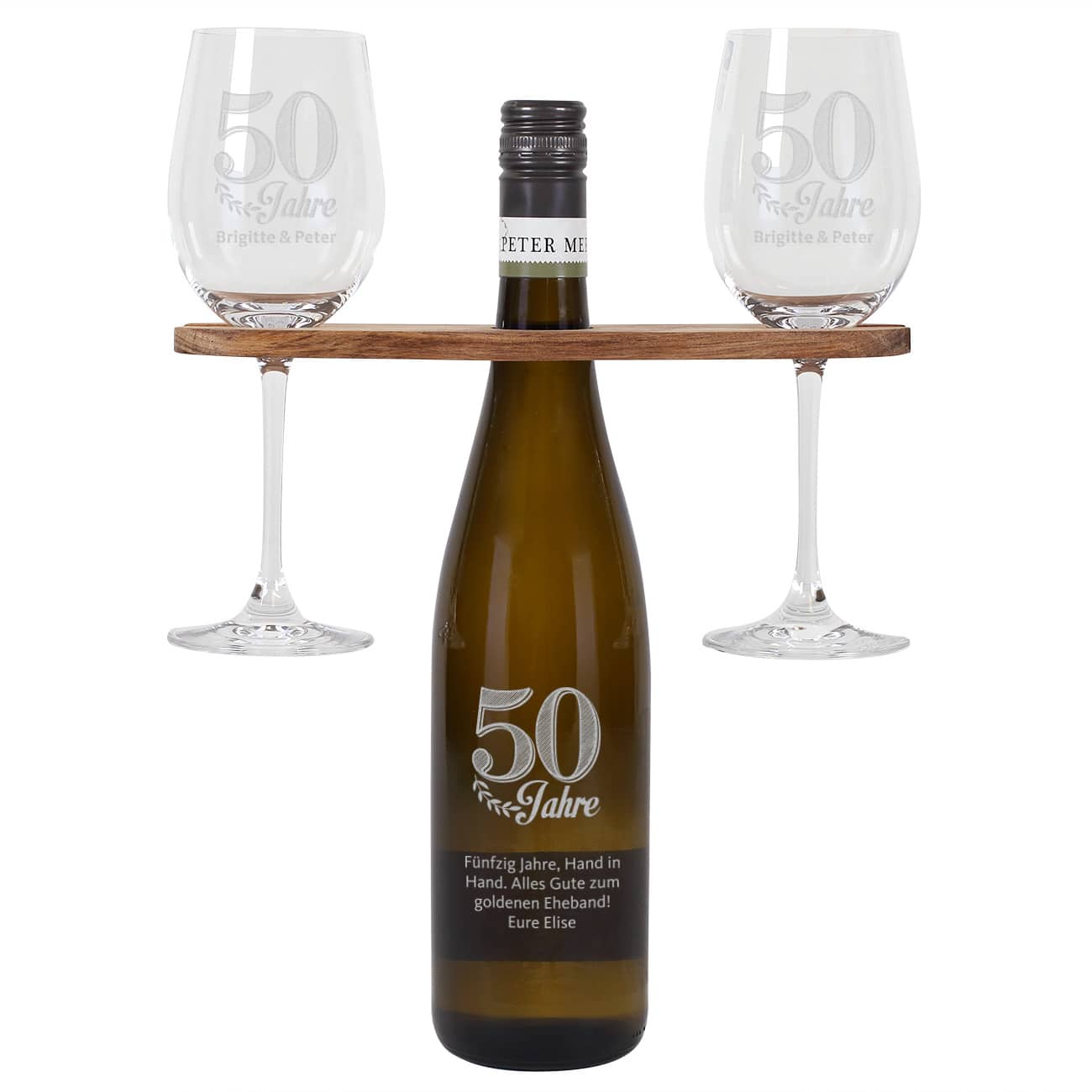 Wein-Geschenkset zur goldenen Hochzeit mit Wunschtext und Namen des Paares