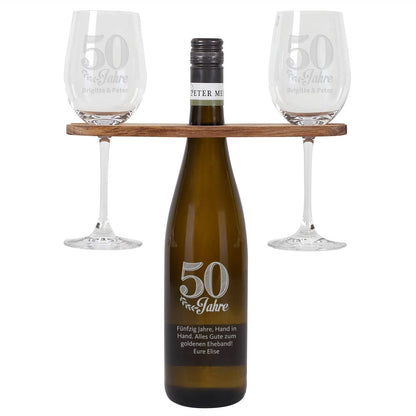 Wein-Geschenkset zur goldenen Hochzeit mit Wunschtext und Namen des Paares
