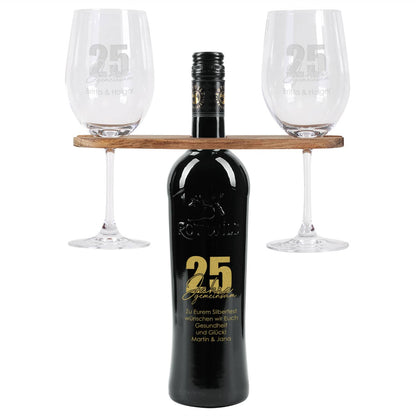 25 Jahre gemeinsam - Geschenkset mit gravierten Weingläsern und Weiflasche