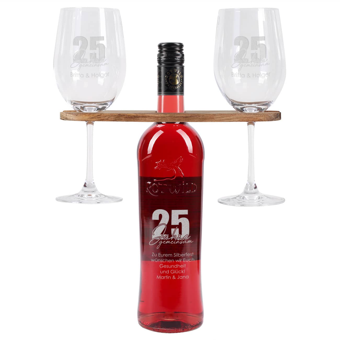 25 Jahre gemeinsam - Geschenkset mit gravierten Weingläsern und Weiflasche