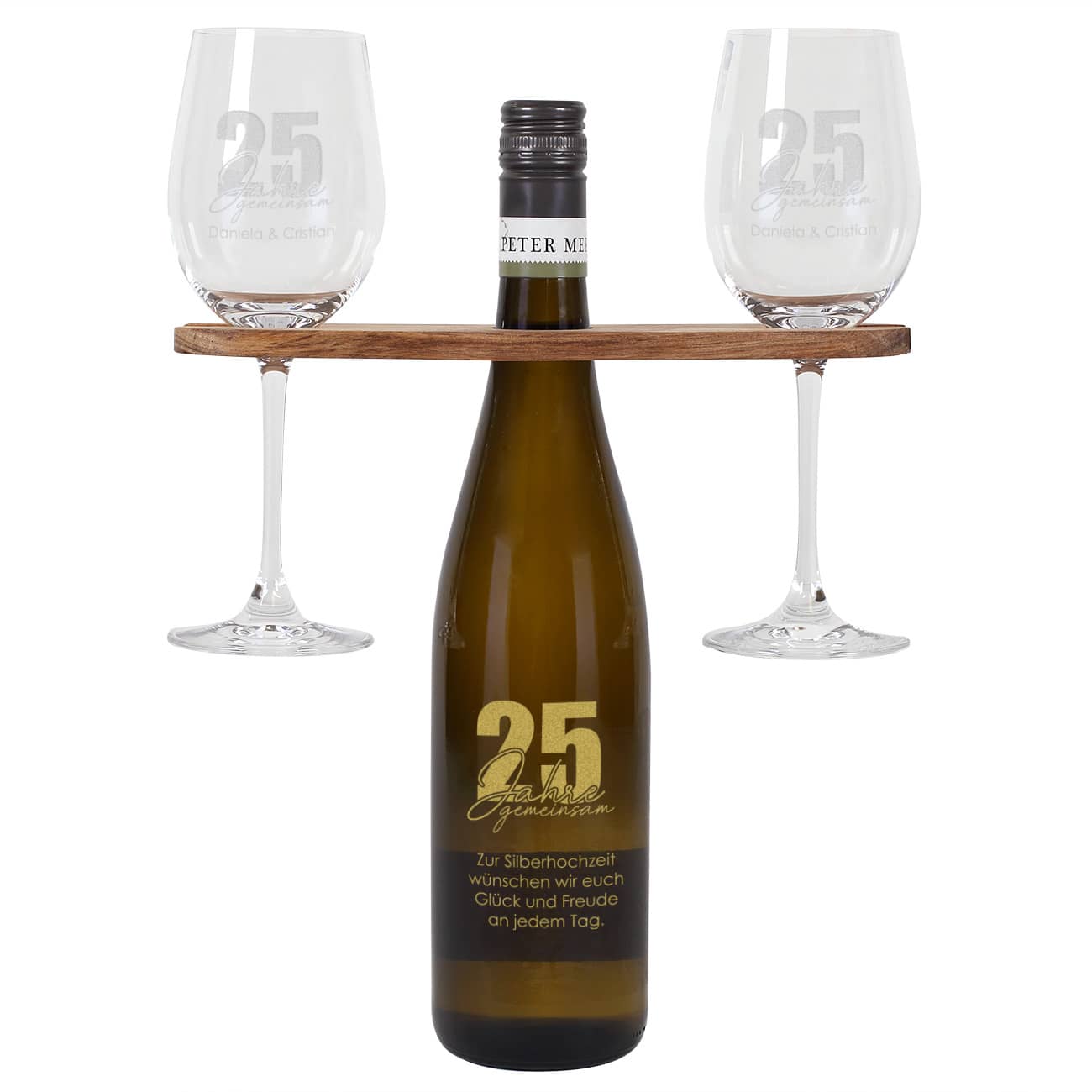 25 Jahre gemeinsam - Geschenkset mit gravierten Weingläsern und Weiflasche