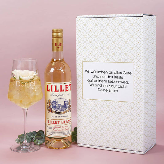Lillet Geschenkset mit personalisiertem Glas & Geschenkverpackung mit individuellem Text
