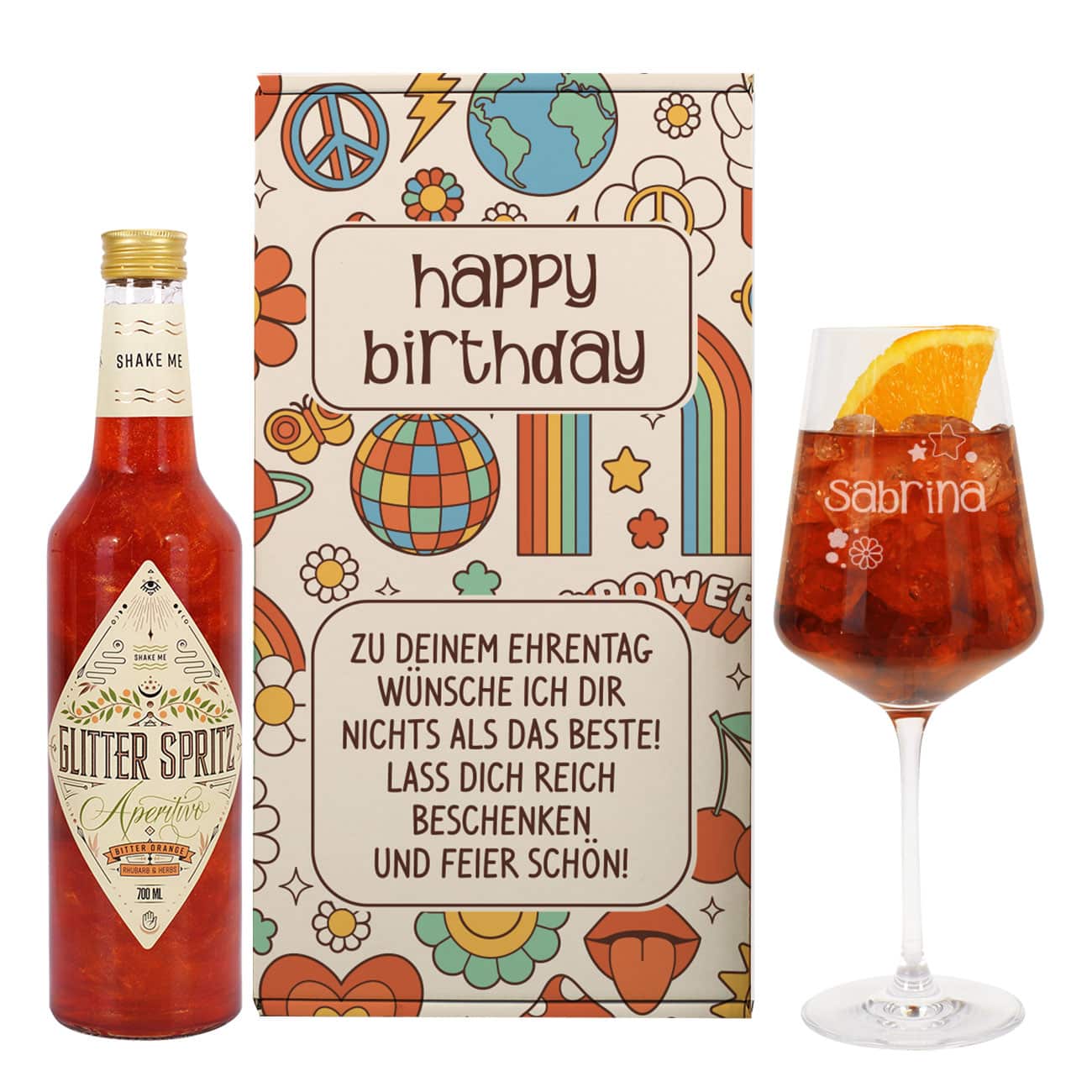 70er Jahre Flower Power - Glitter Spritz Geschenkset mit Name, Anlass und Wunschtext personalisiert