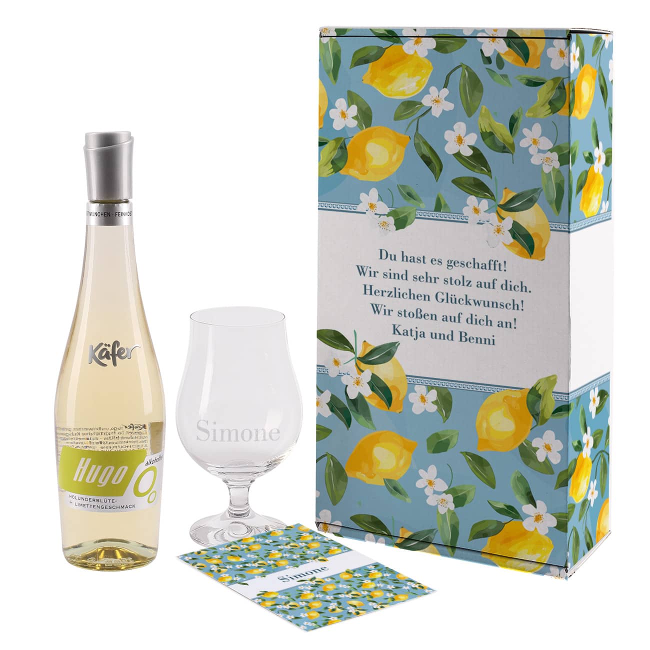 Sommerliches Geschenkset mit Zitronen-Motiv mit Name und Wunschtext personalisiert