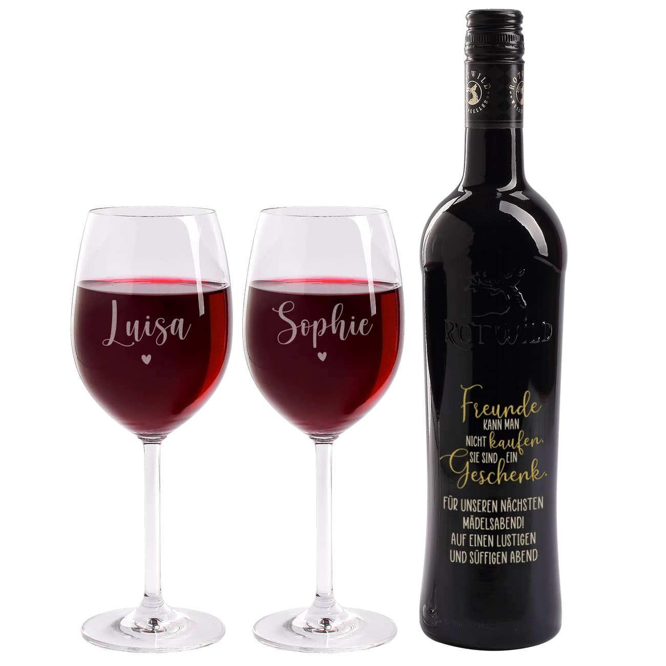Freunde sind ein Geschenk - Wein Geschenkset mit gravierter Weinflasche und zwei Weingläsern