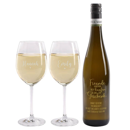 Freunde sind ein Geschenk - Wein Geschenkset mit gravierter Weinflasche und zwei Weingläsern