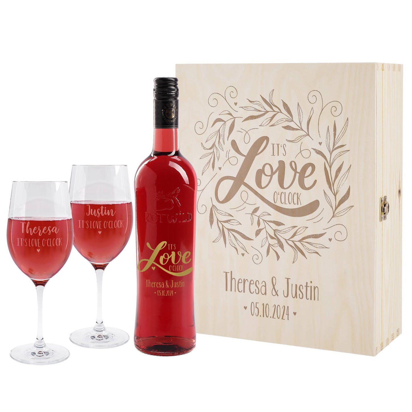 It's love o'clock - edles Geschenkset mit Weingläsern, Weinflasche und gravierter Holzbox