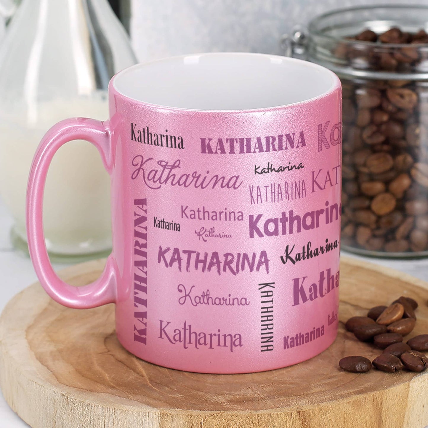 Rundum mit Name bedruckte Metallic-Tasse