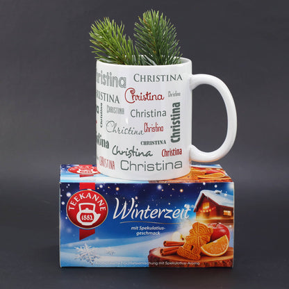 Rundum mit Name bedruckte Tasse aus Keramik & weihnachtlicher Tee