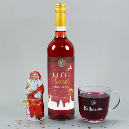 Alkoholfreier Glühpunsch mit Schoko-Weihnachtsmann und personalisierter Glastasse Katharina als Weihnachtsgeschenk