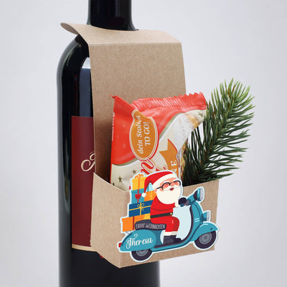 Flaschenanhänger mit Weihnachtsmann-Motiv & Personalisierung gefüllt mit Stollen oder Schokoweihnachtsmann