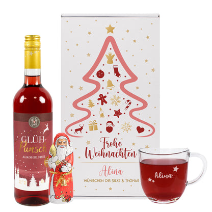 Personalisiertes Weihnachtsgeschenkset für Alina mit alkoholfreiem Glühpunsch, Schoko-Weihnachtsmann, graviertem Teeglas und Geschenkverpackung