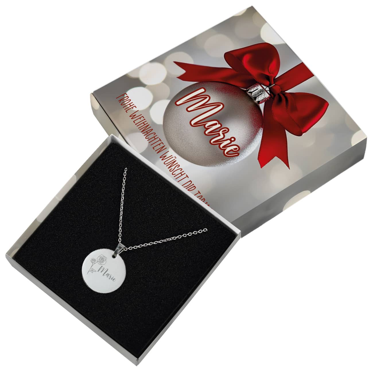 Geburtsblumen-Halskette mit Name graviert in weihnachtlicher Geschenkbox