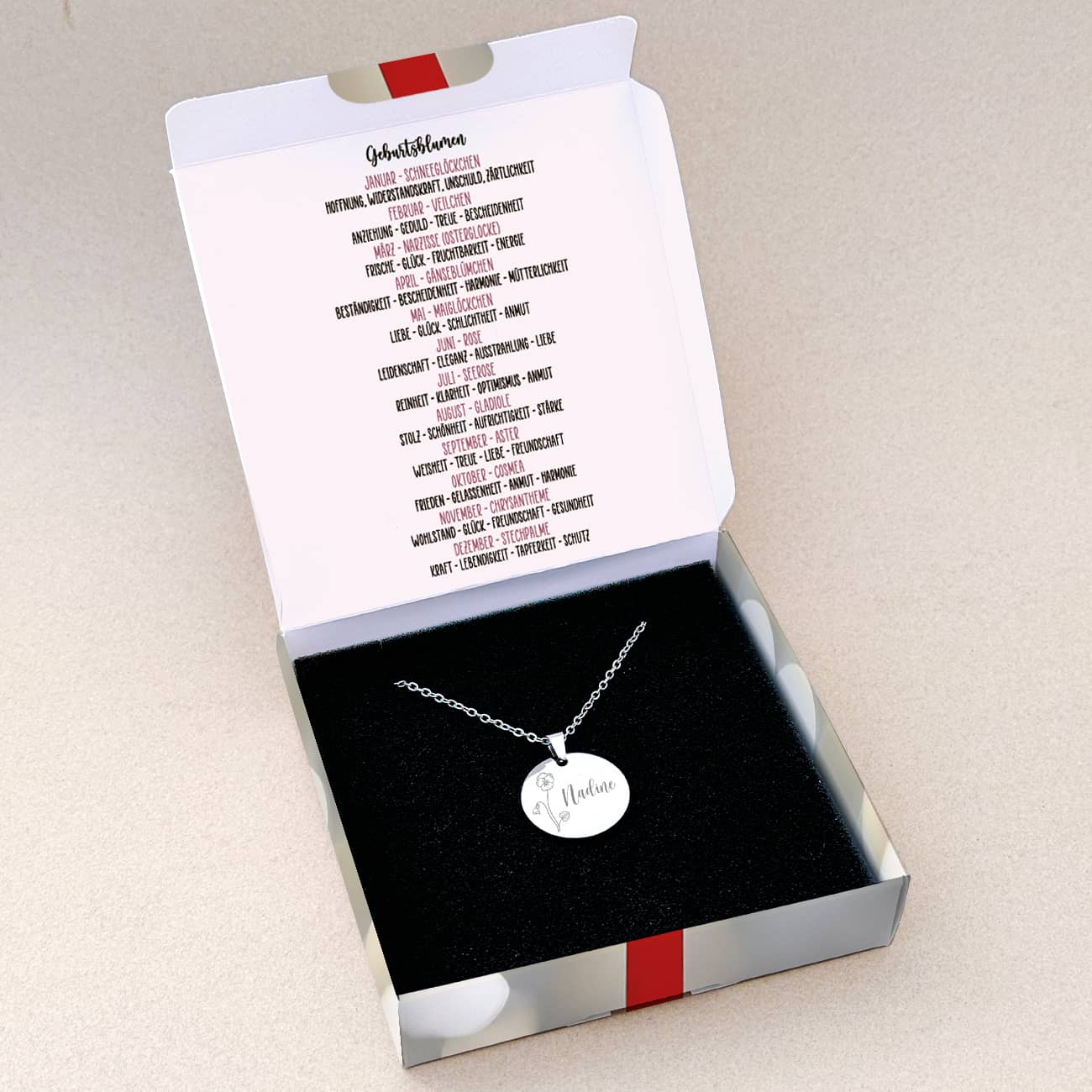 Geburtsblumen-Halskette mit Name in Geschenkverpackung