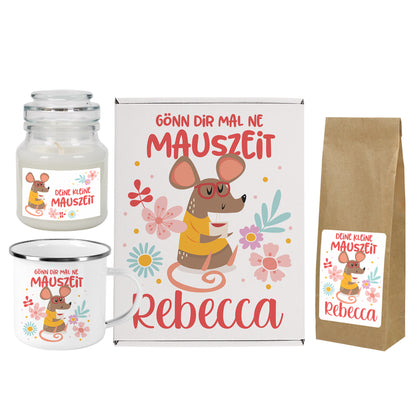 Personalisiertes Geschenkset mit Tasse, Tee und Duftkerze | Kleine Mauszeit