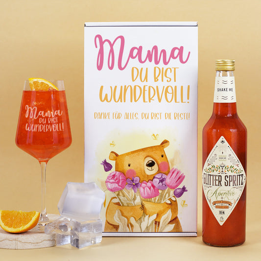 Geschenkset zum Muttertag mit Geschenkbox „Mama, du bist wundervoll!“, graviertem Cocktailglas, Glitter Spritz und Orange