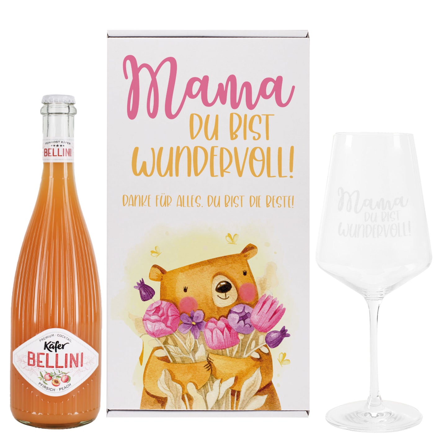 Geschenkset 'Mamabär' zum Muttertag mit Glas & Aperitif nach Wahl - personalisiert