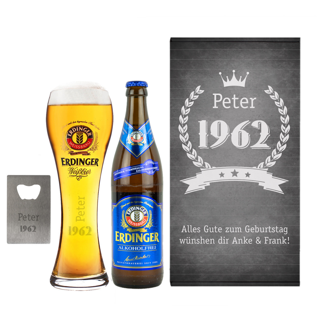 Erdinger Bier-Geschenkset zum Geburtstag mit graviertem Glas, Weißbier alkoholfrei und Öffner
