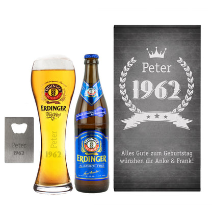 Erdinger Bier-Geschenkset zum Geburtstag mit graviertem Glas, Weißbier alkoholfrei und Öffner