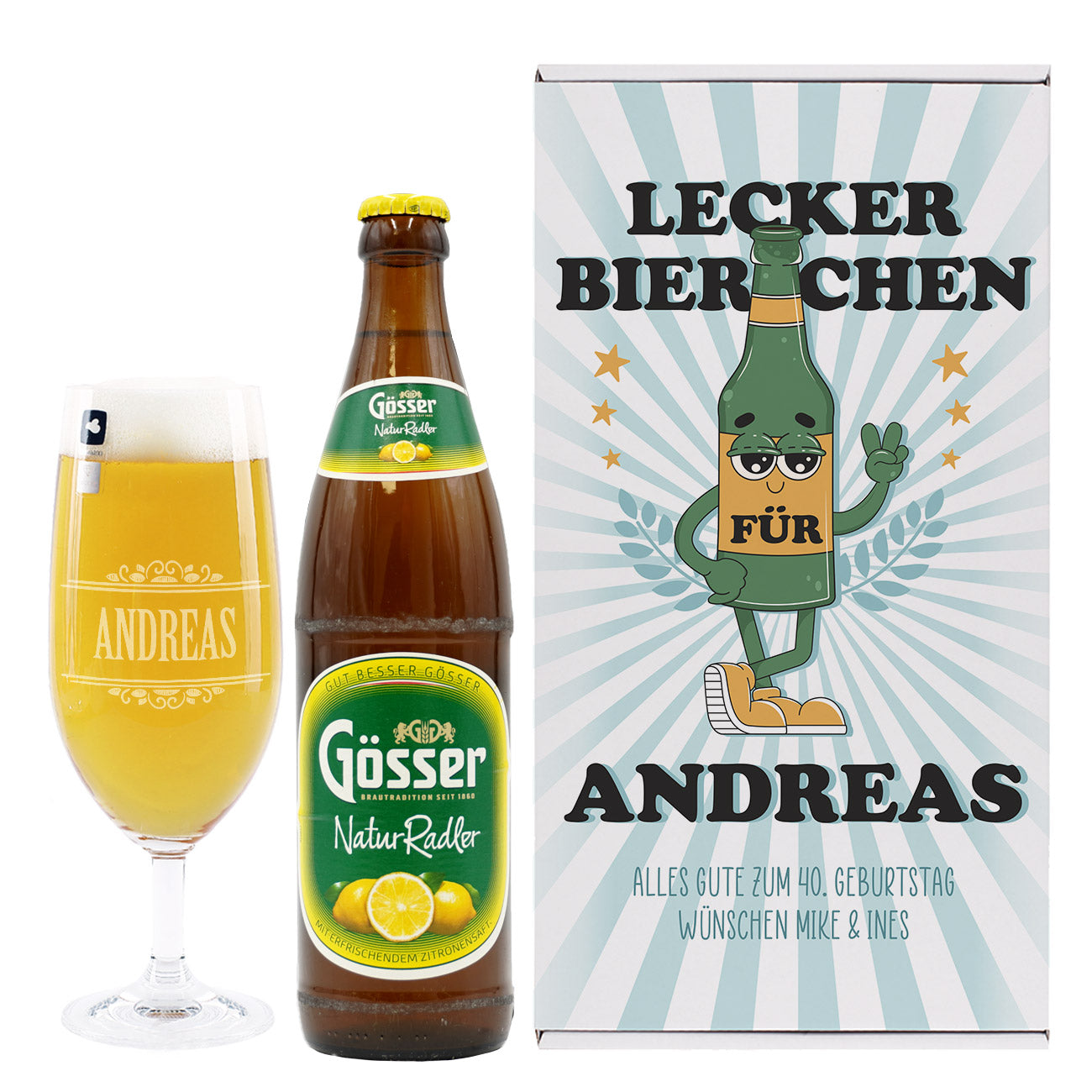 Lecker Bierchen - Personalisiertes Geschenkset mit Bierglas, Flasche Gösser Naturradler & Geschenkbox auf weißem Hintergrund.