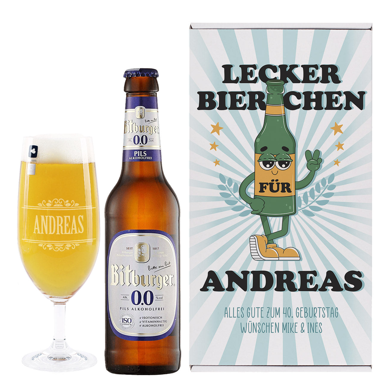 Lecker Bierchen - Personalisiertes Geschenkset mit Bierglas, Flasche Bitburger alkoholfrei & Geschenkbox