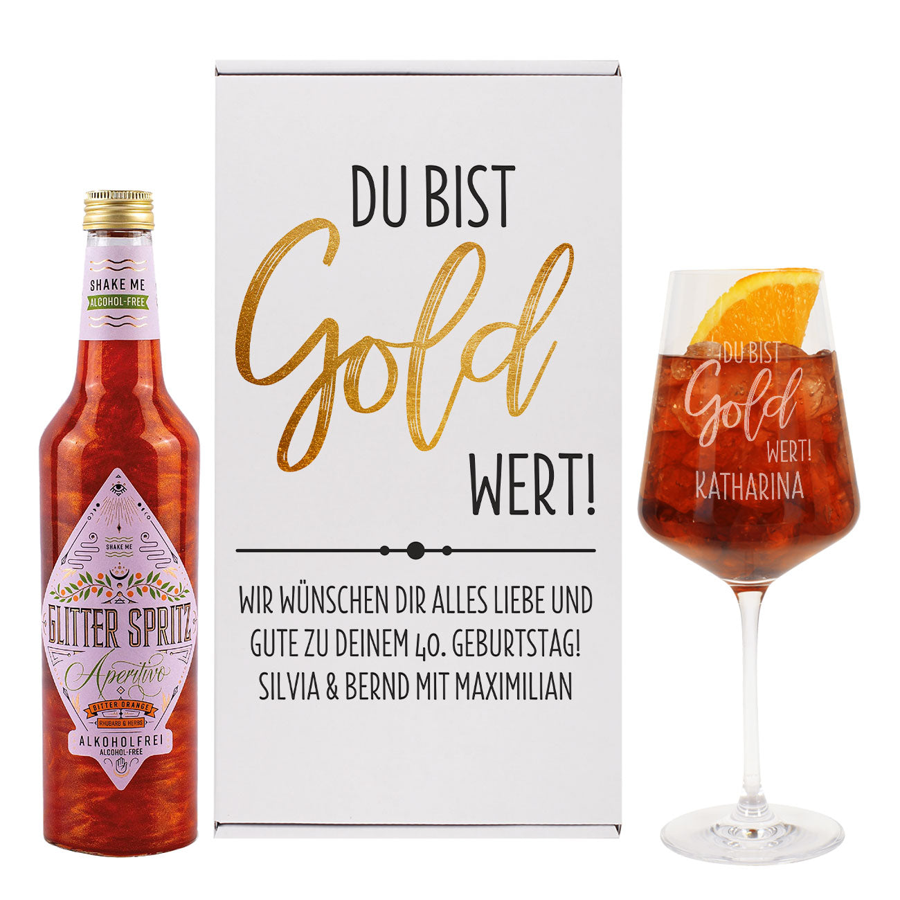 Du bist Gold wert! - Glitter Spritz Geschenkset mit Weinglas und Geschenkbox | Getränkeauswahl