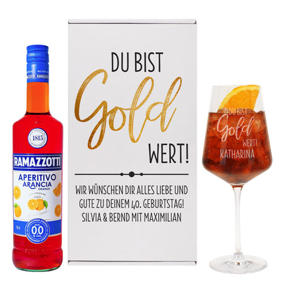 Du bist Gold wert! - Glitter Spritz Geschenkset mit Weinglas und Geschenkbox | Getränkeauswahl