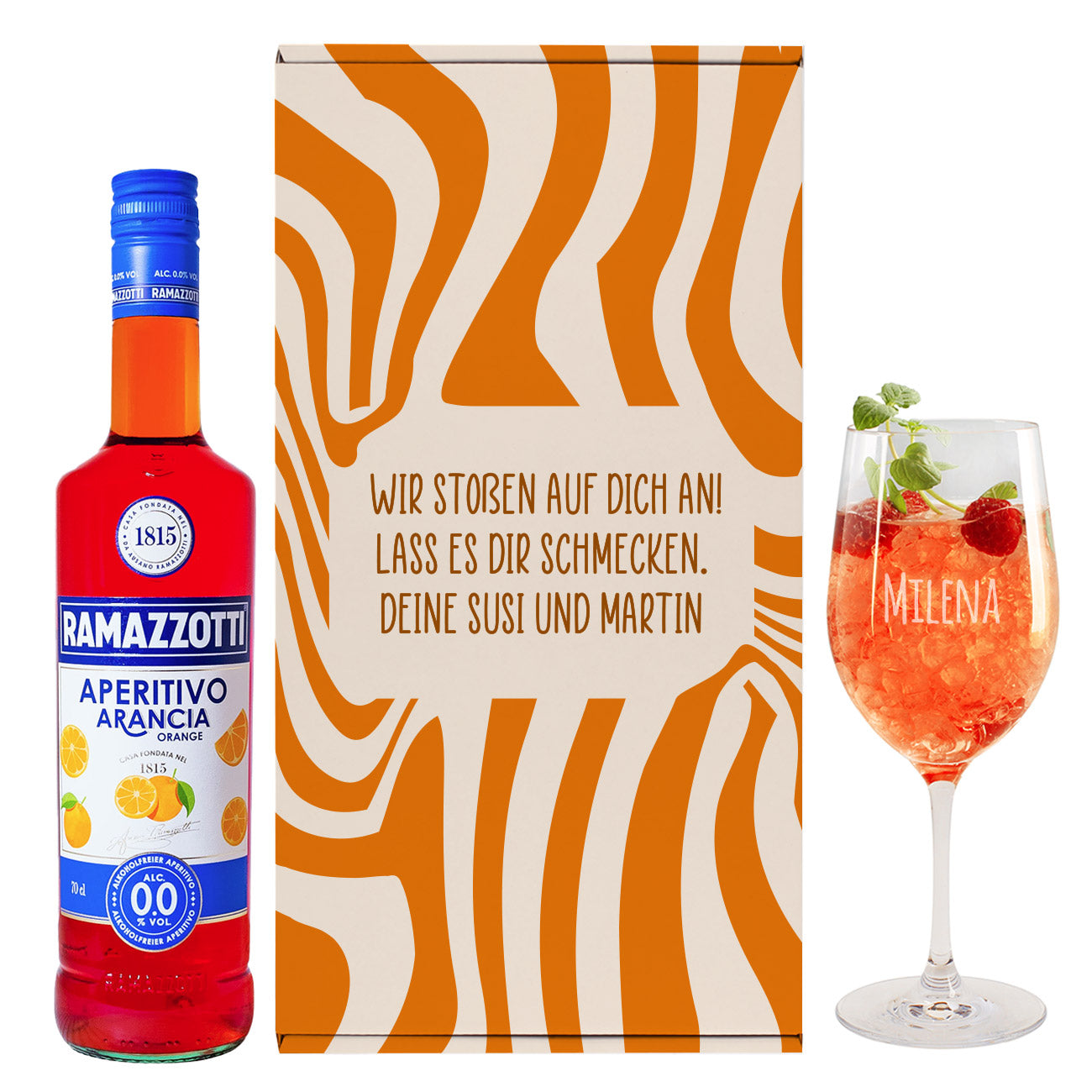 Geschenkset mit Weinglas und Aperol mit Wunschtext und Name graviert
