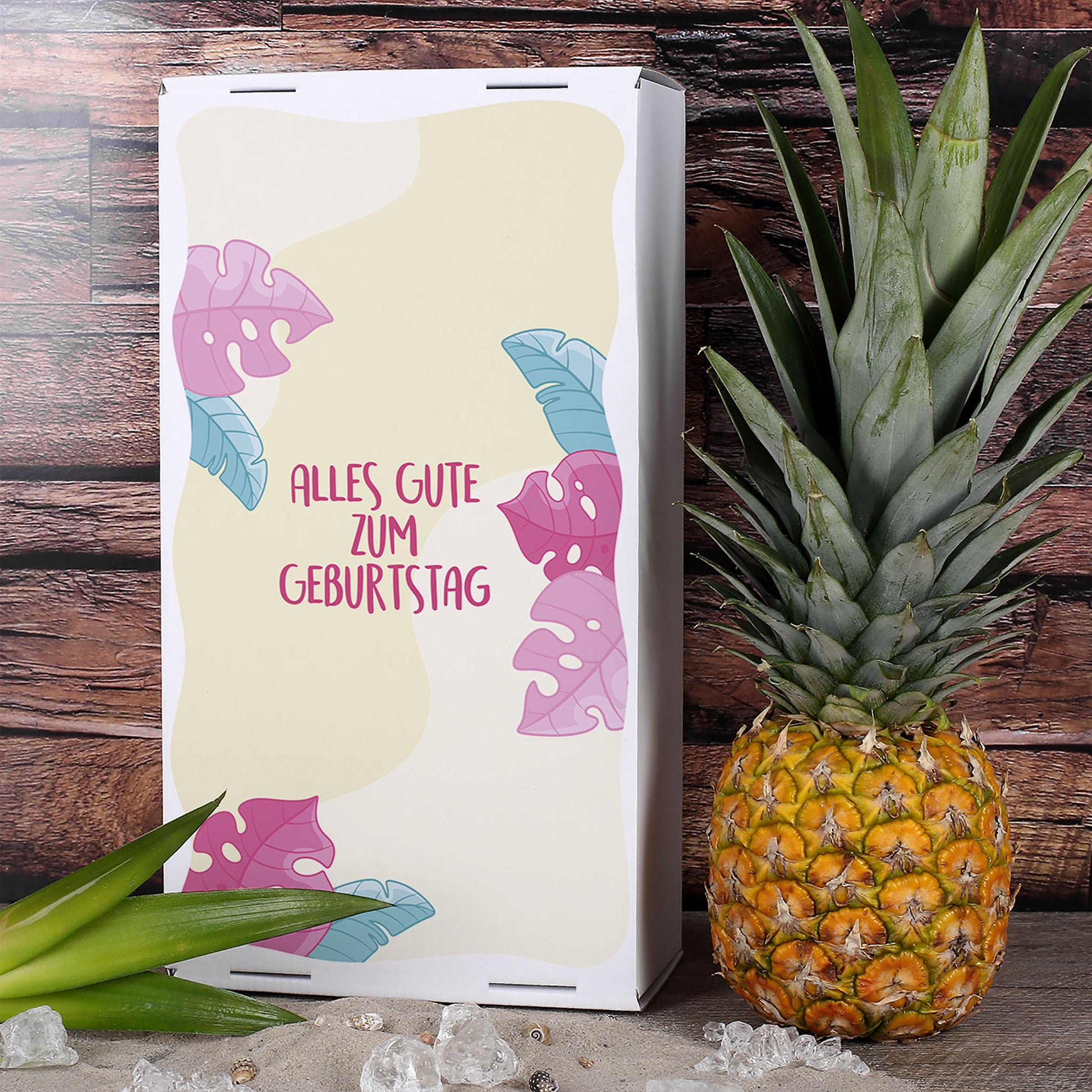 Detailaufnahme der Rückseite der Geschenkbox mit Wunschtext