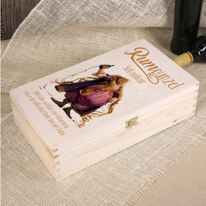 Personalisierbare Holzbox mit Rumpunzel-Motiv und graviertem Namen, liegend