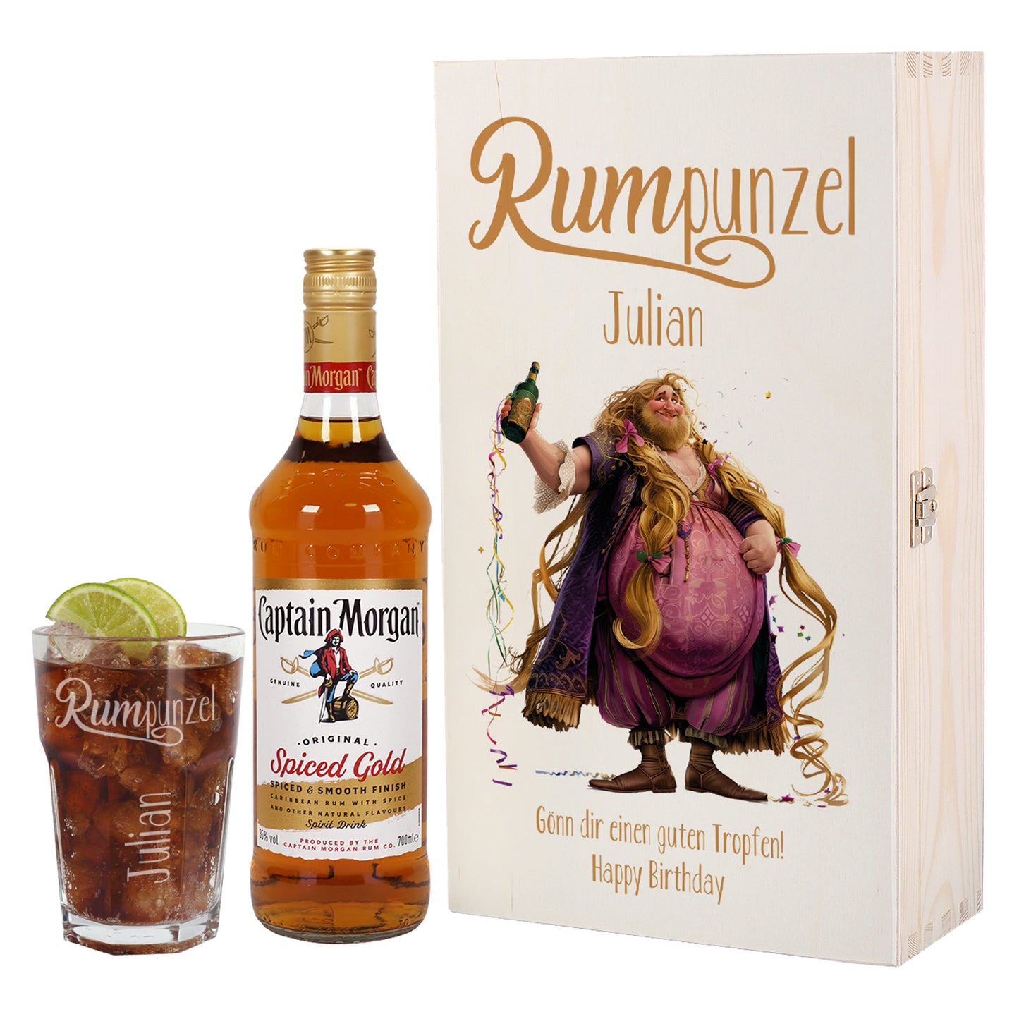 Rumpunzel Rum-Set mit Captain Morgan, graviertem Glas und Wunschtext auf Holzbox