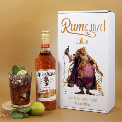 Captain Morgan Rum mit graviertem Glas und personalisierter Geschenkbox mit Rumpunzel-Motiv