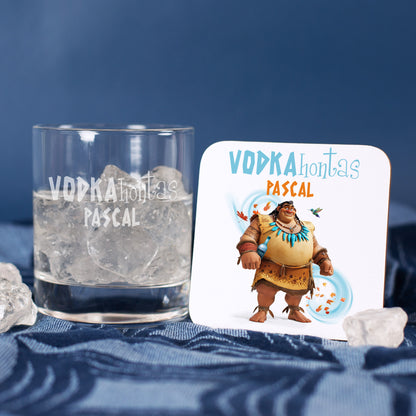 Personalisierter Untersetzer & Glas zusammen dekoriert