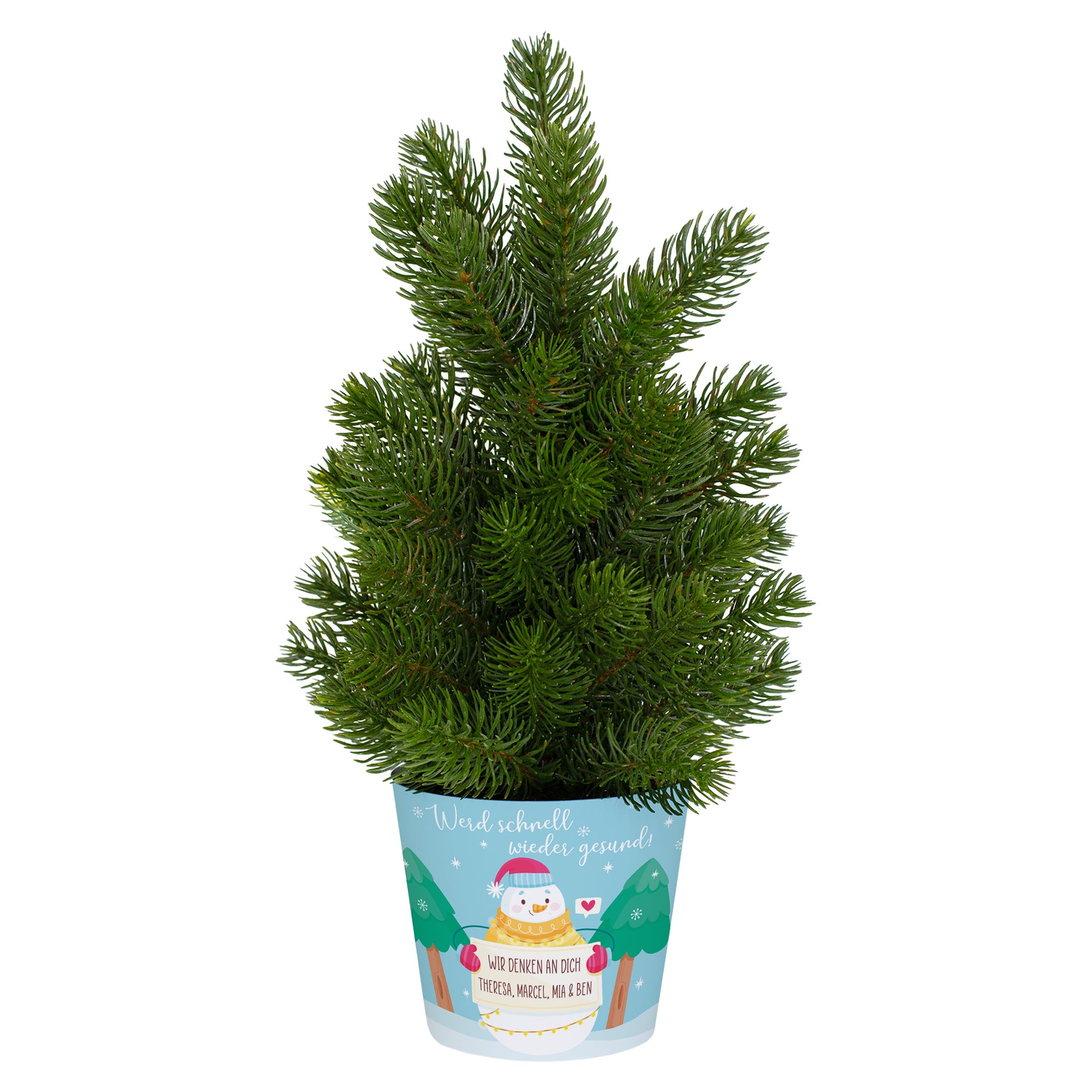Mini-Weihnachtsbaum mit Schneemann-Design und individueller Gute-Besserung-Botschaft als Geschenkidee
