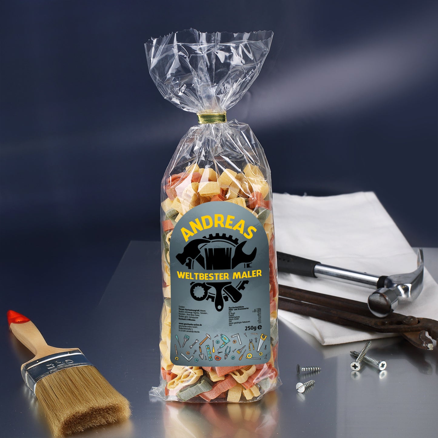 Nudelverpackung mit personalisiertem Etikett für Handwerker