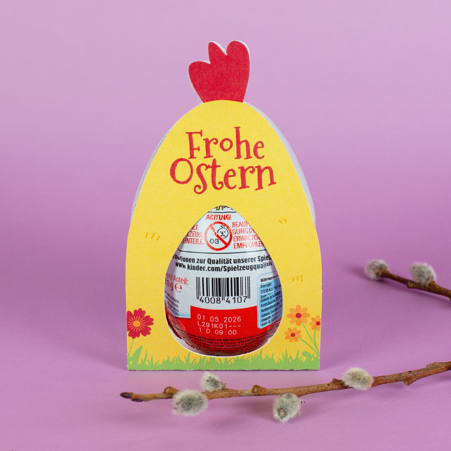 Rückseite der Huhn Osterverpackung mit Schriftzug Frohe Ostern