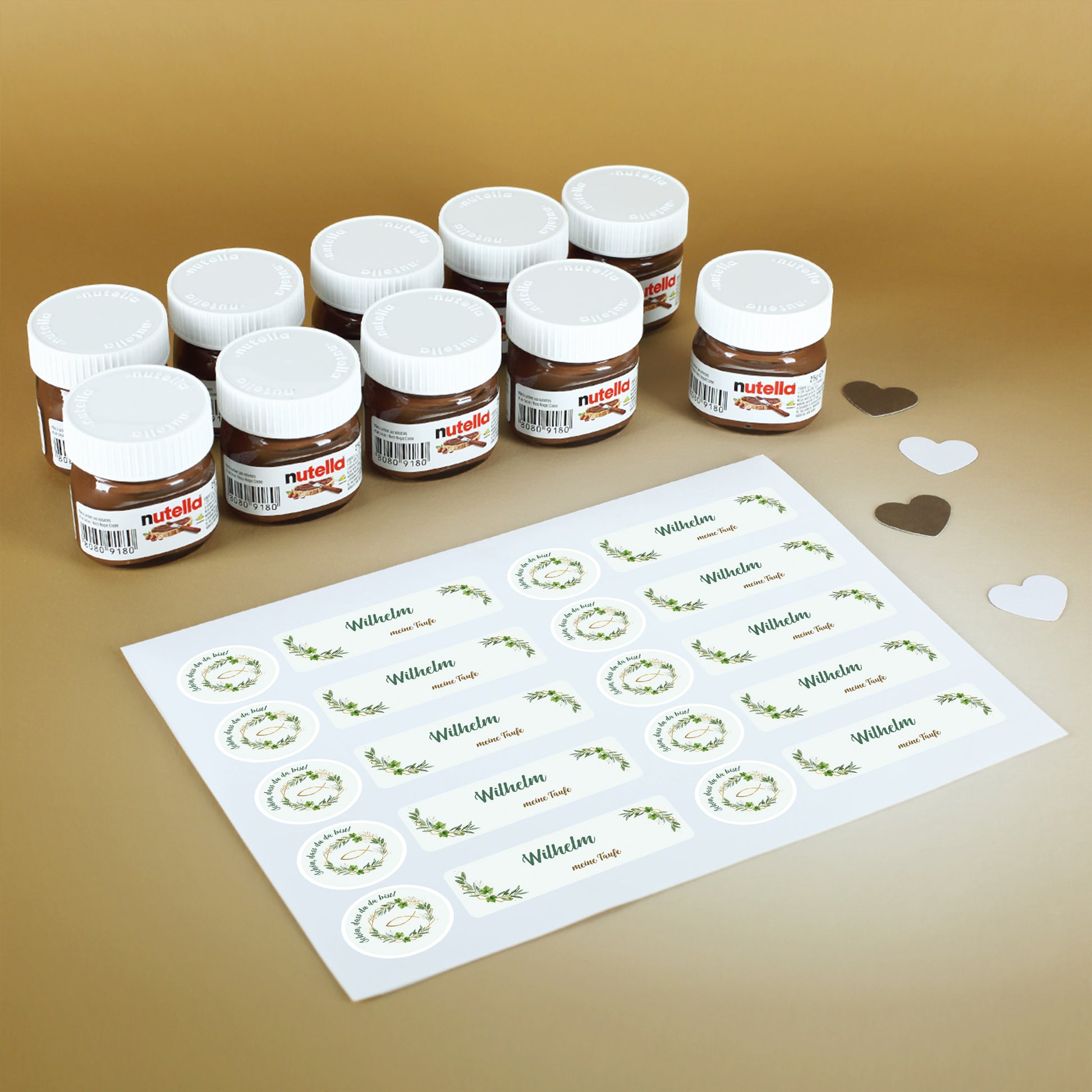 10er Set Nutella Mini Gläser mit personalisierten Aufklebern als Gastgeschenke zur Taufe oder Kommunion