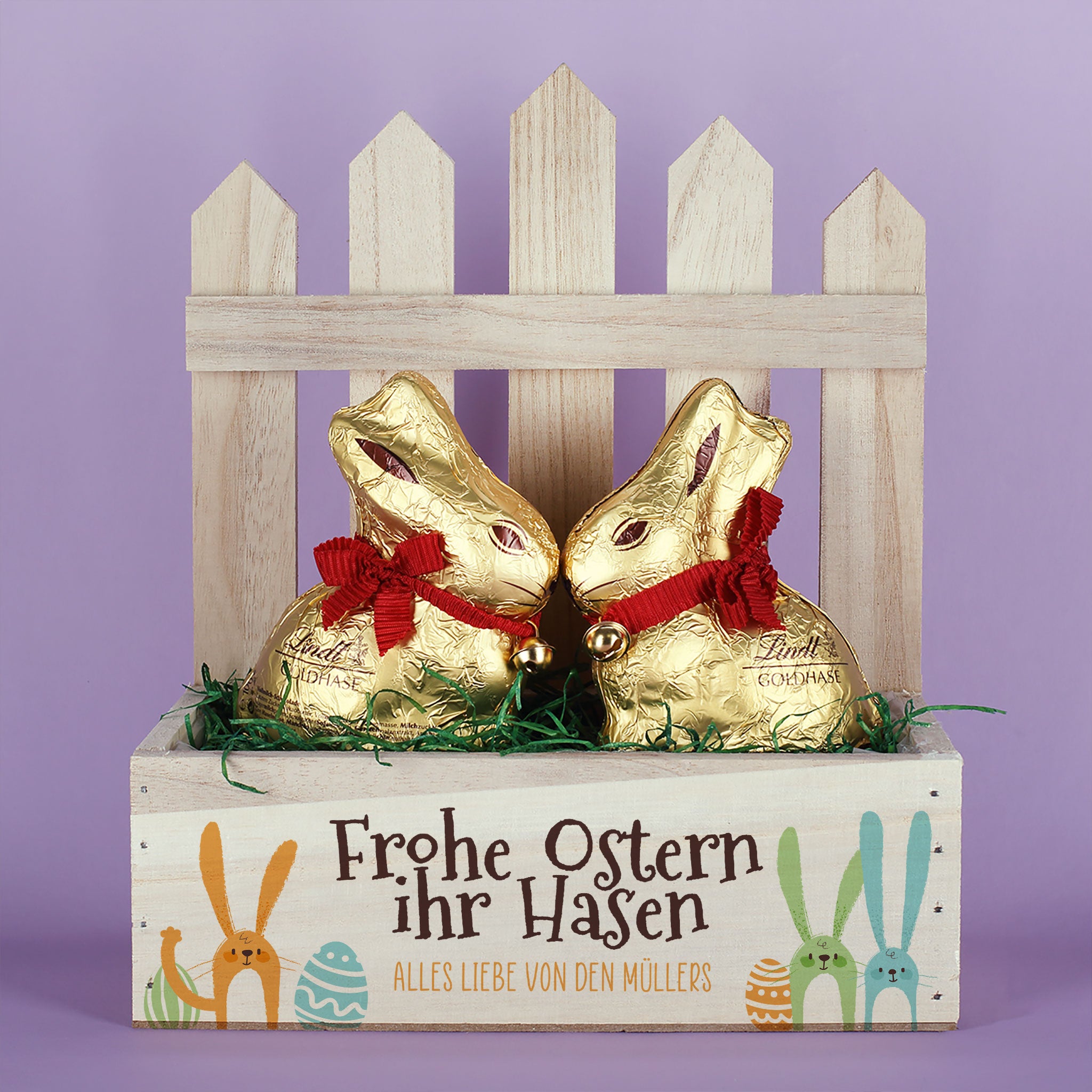 Personalisiertes Osterkörbchen mit 2 Lindt Goldhasen | Osterkorb 'Frohe Ostern ihr Hasen' mit Wunschtext