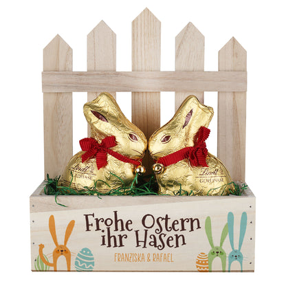 Personalisiertes Osterkörbchen mit 2 Lindt Goldhasen | Osterkorb 'Frohe Ostern ihr Hasen' mit Wunschtext