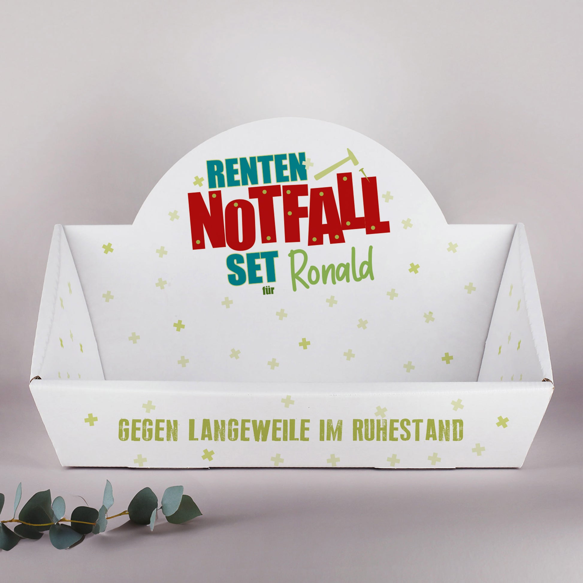 Personalisierter Geschenkkorb Renten Notfall Set mit Name und Aufdruck gegen Langeweile im Ruhestand
