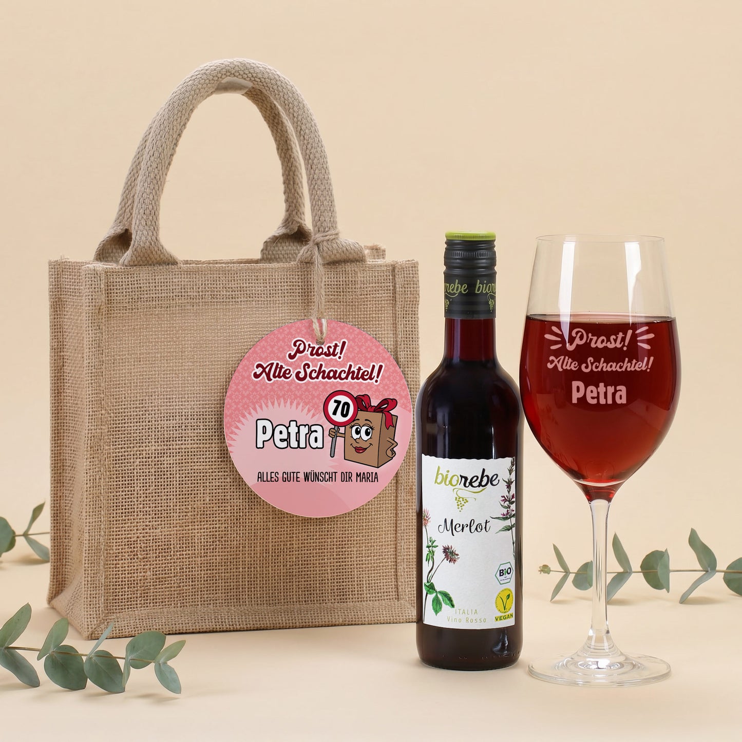 Biorebe Bio Wein Geschenkset zum Geburtstag Alte Schachtel mit Weinglas & Jutetasche personalisiert
